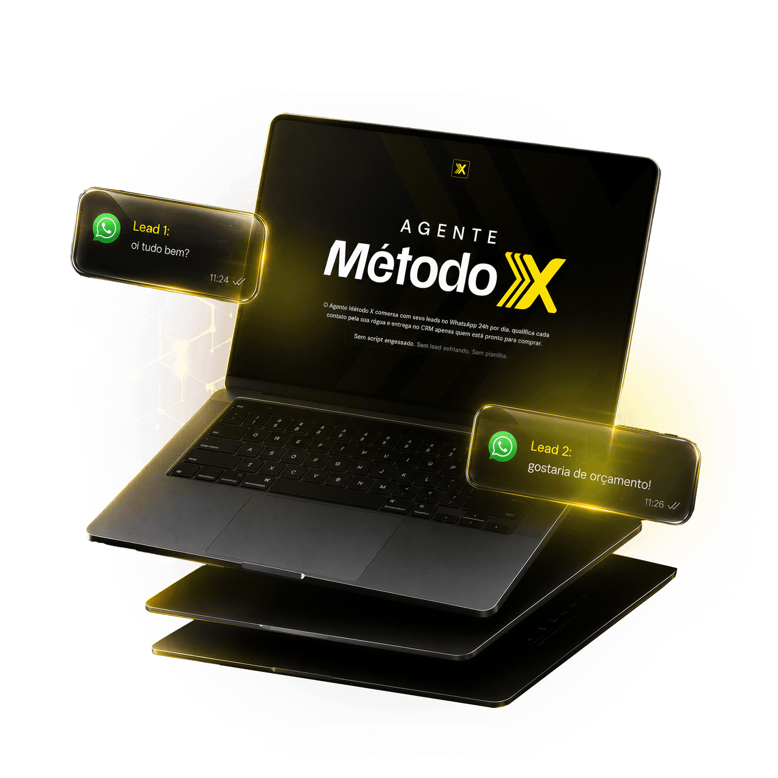 Notebook rodando o Agente M&eacute;todo X com mensagens de leads chegando